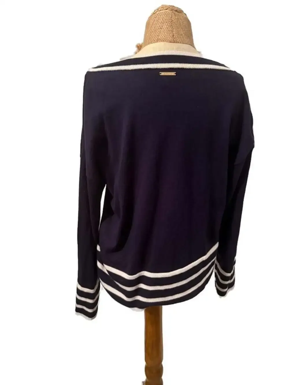 MICHAEL Michael Kors Navy Blue V-Neck Varsity Striped Sweater medium